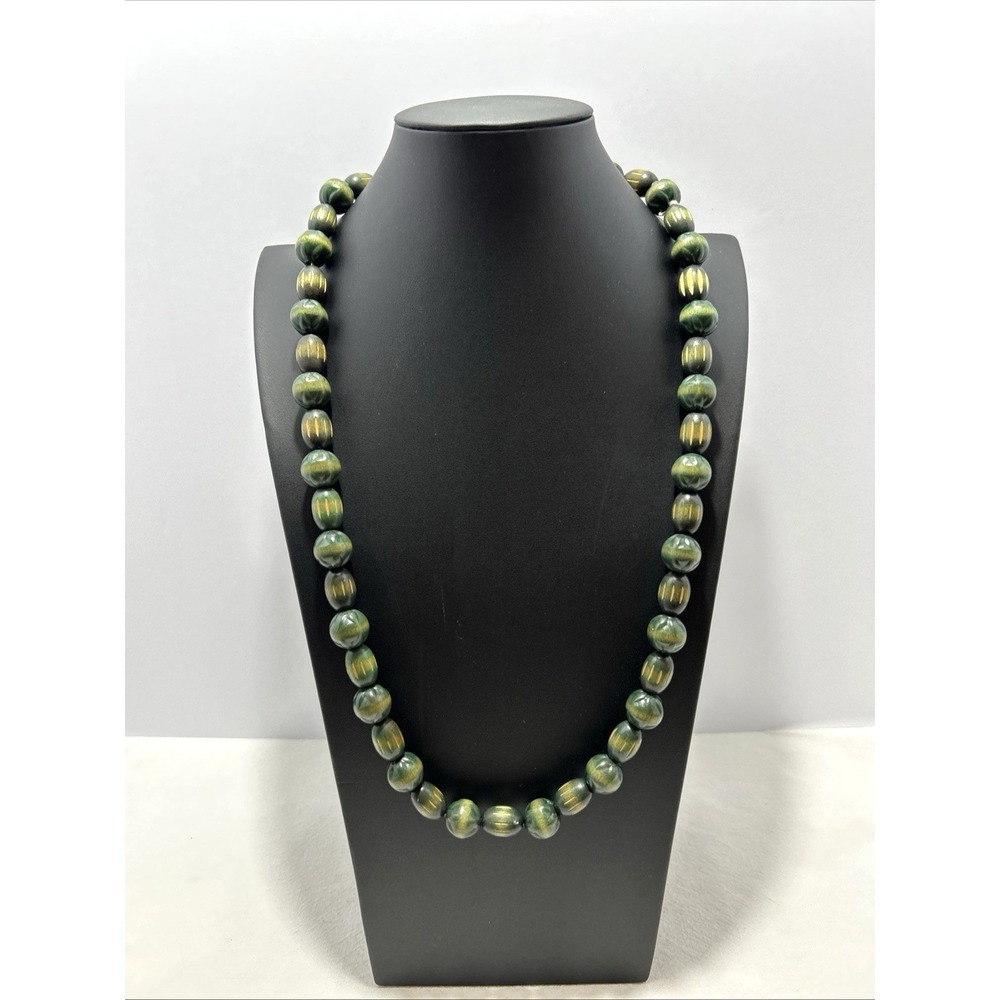 Vintage Green Yellow Wood Bead Necklace Hand Knotted String Chunky